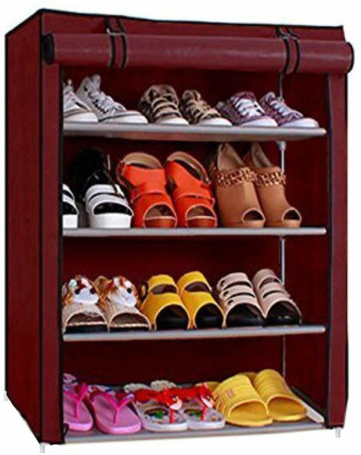 Image of MS MODSTYLE Portable Almirah Foldable closet for Clothes 12 Shelves , 1 Side Pocket (88370) PP Collapsible Wardrobe (Finish Color - Maroon, DIY(Do-It-Yourself))