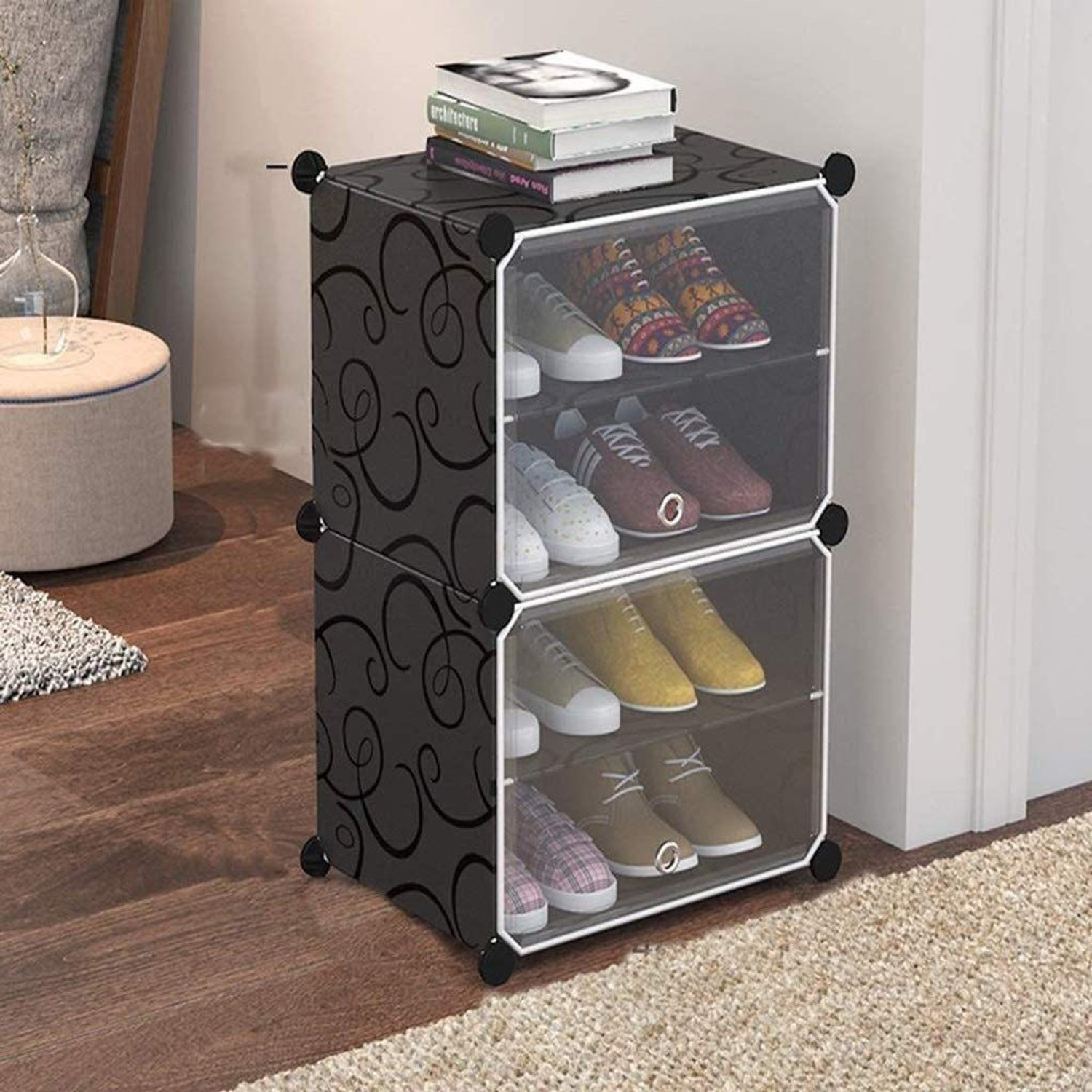 Image of Hayosha 12-Shelf-6-Door Plastic Cubort Shoe Rack Metal, Plastic Collapsible Shoe Stand (18|Black, 18 Shelves, DIY(Do-It-Yourself))