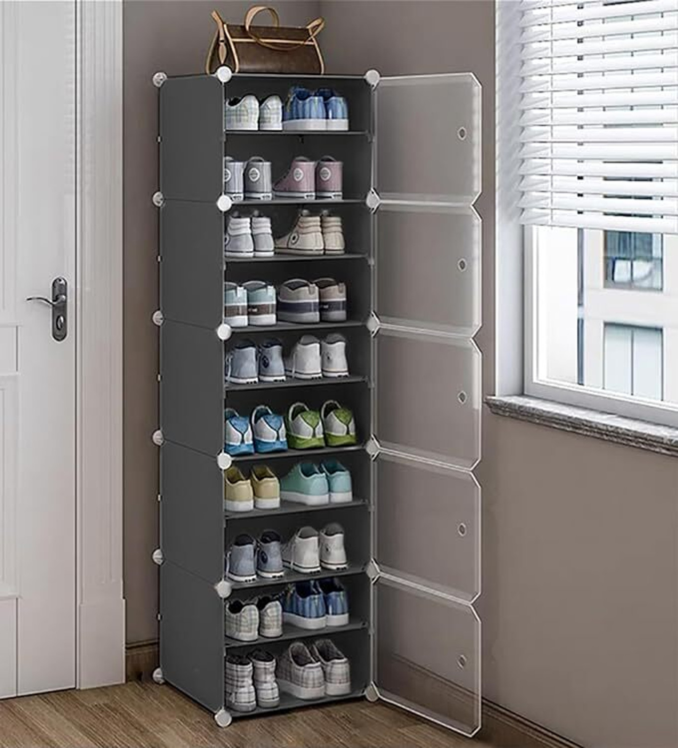 Image of Hayosha 12-Shelf-6-Door Plastic Cubort Shoe Rack Metal, Plastic Collapsible Shoe Stand (18|Black, 18 Shelves, DIY(Do-It-Yourself))