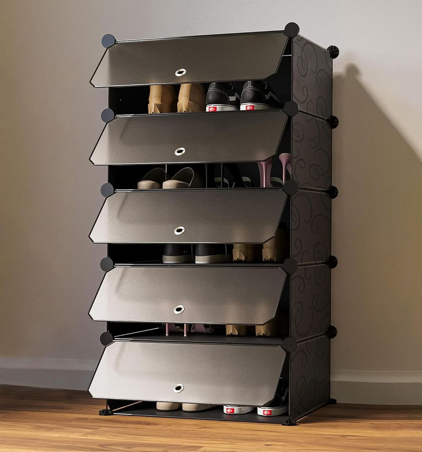 Image of Sasimo 12-Shelf-4-Door Plastic Cubort Shoe Rack Plastic Collapsible Shoe Stand (Grey, 12 Shelves, DIY(Do-It-Yourself))