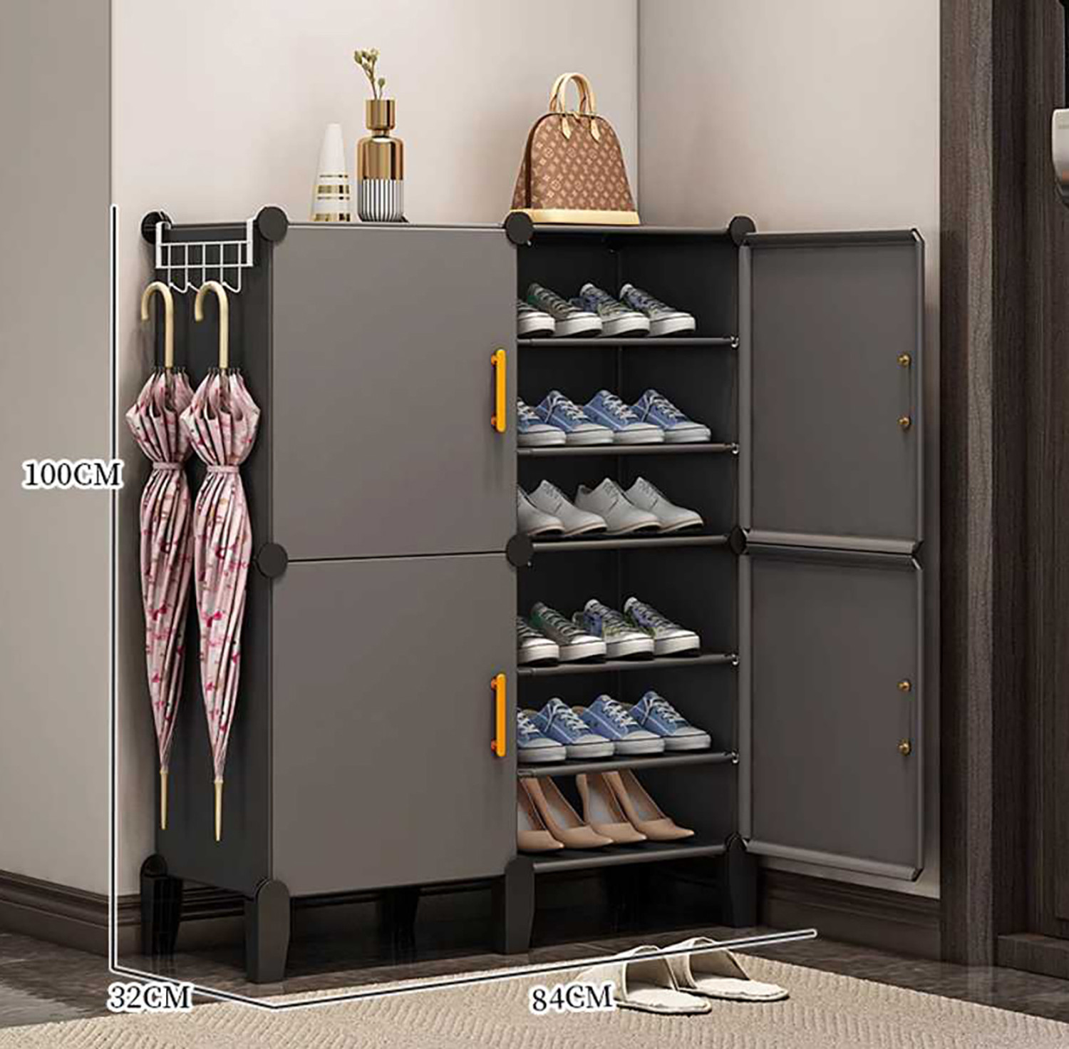 Image of Sasimo 12-Shelf-4-Door Plastic Cubort Shoe Rack Plastic Collapsible Shoe Stand (Grey, 12 Shelves, DIY(Do-It-Yourself))
