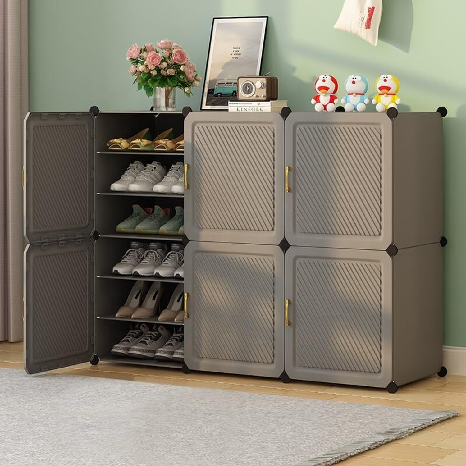 Image of Sasimo 12-Shelf-4-Door Plastic Cubort Shoe Rack Plastic Collapsible Shoe Stand (Grey, 12 Shelves, DIY(Do-It-Yourself))