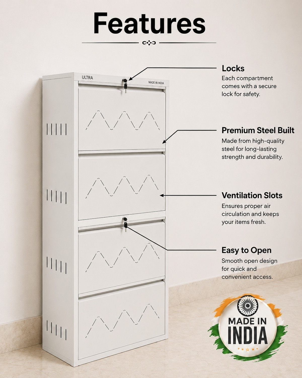 Image of ULTRAALMIRAH ULTRA SHOE RACK B3 Metal Shoe Rack (BEIGE, 4 Shelves, Pre-assembled)