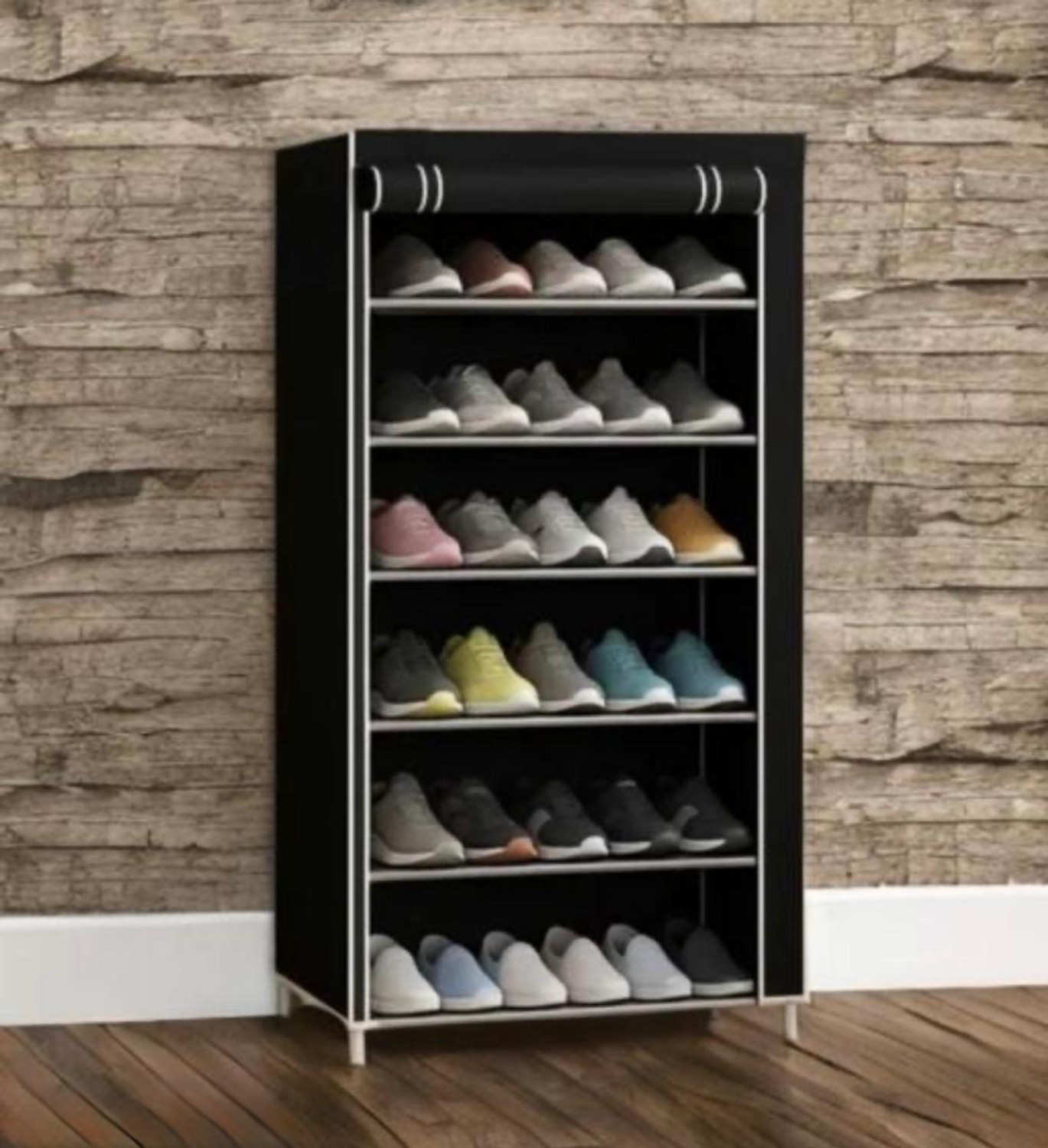 Image of RKE Foldable 6-Layer Shoe Rack with Cover | Dustproof & Portable Plastic Collapsible Shoe Stand (Black, 6 Shelves, DIY(Do-It-Yourself))