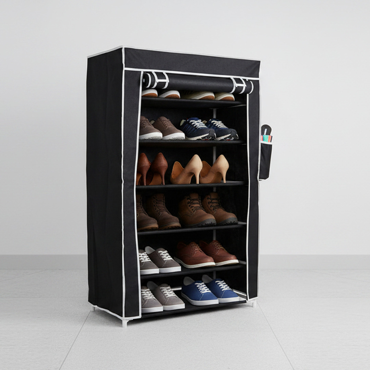 Image of RKE Foldable 6-Layer Shoe Rack with Cover | Dustproof & Portable Plastic Collapsible Shoe Stand (Black, 6 Shelves, DIY(Do-It-Yourself))