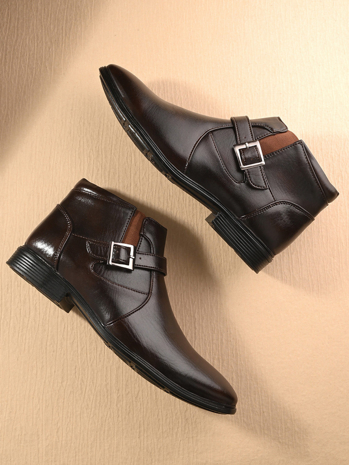Image of Kraasa THE HARNESS - Men's Stylish Vegan Leather with Side Zipper Boots For Men (Brown , 5)