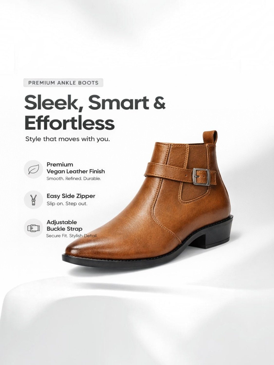Image of Kraasa THE HARNESS - Men's Stylish Vegan Leather with Side Zipper Boots For Men (Brown , 5)