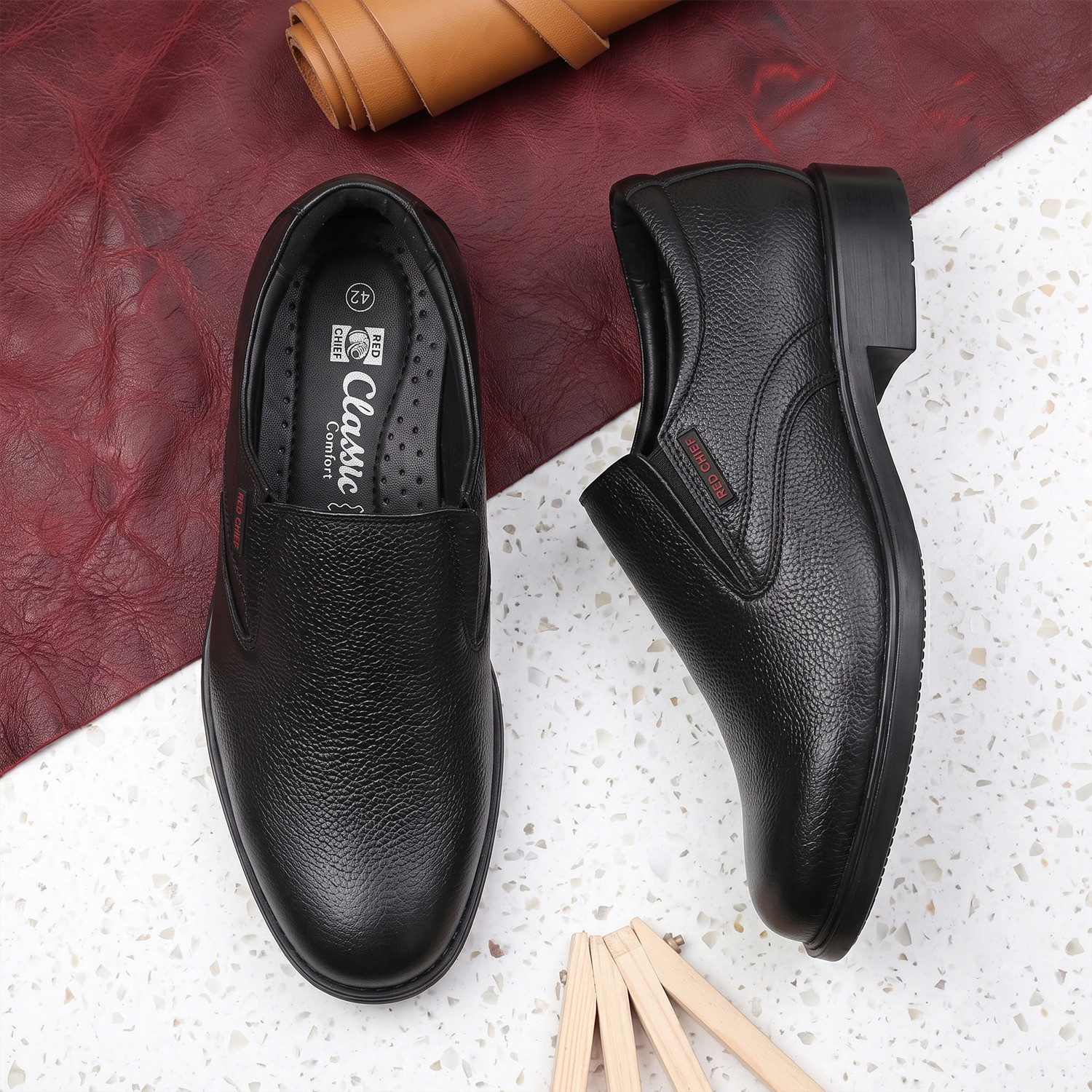 RED CHIEF Genuine Leather Formal Slip-On Shoes for Men Black RC3502 001 Slip On For Men