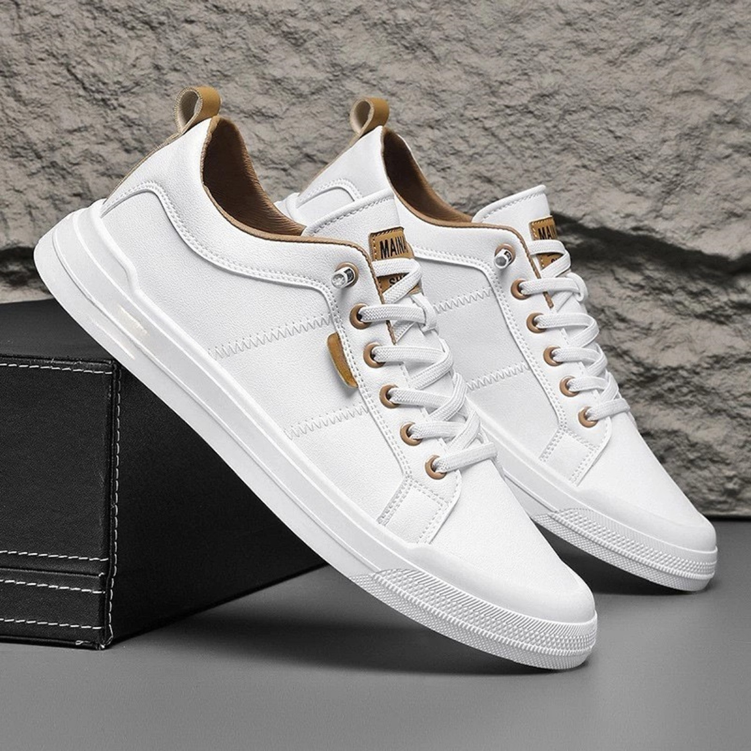 Image of Rising Monk Attractive Premium Quality Sports Casual White Sneakers Shoes For men. Sneakers For Men (White, Tan , 8)