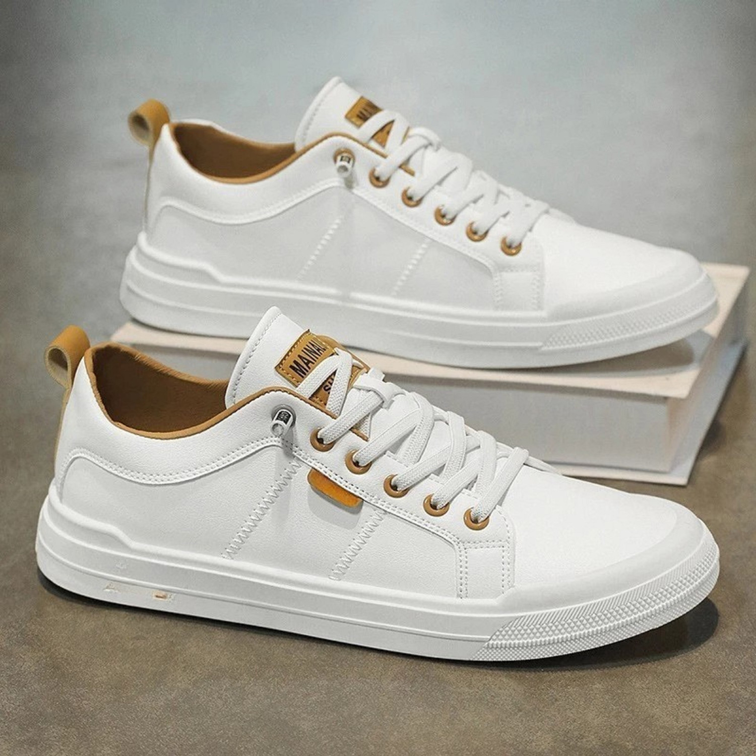 Image of Rising Monk Attractive Premium Quality Sports Casual White Sneakers Shoes For men. Sneakers For Men (White, Tan , 8)