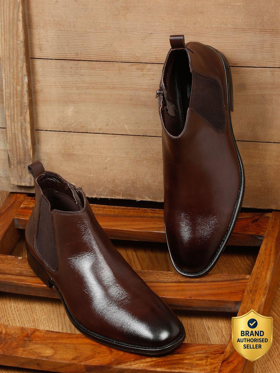 Image of Teakwood Mens Leather Chelsea Boots With Mid Top Block Heels Boots For Men (Brown , 11)
