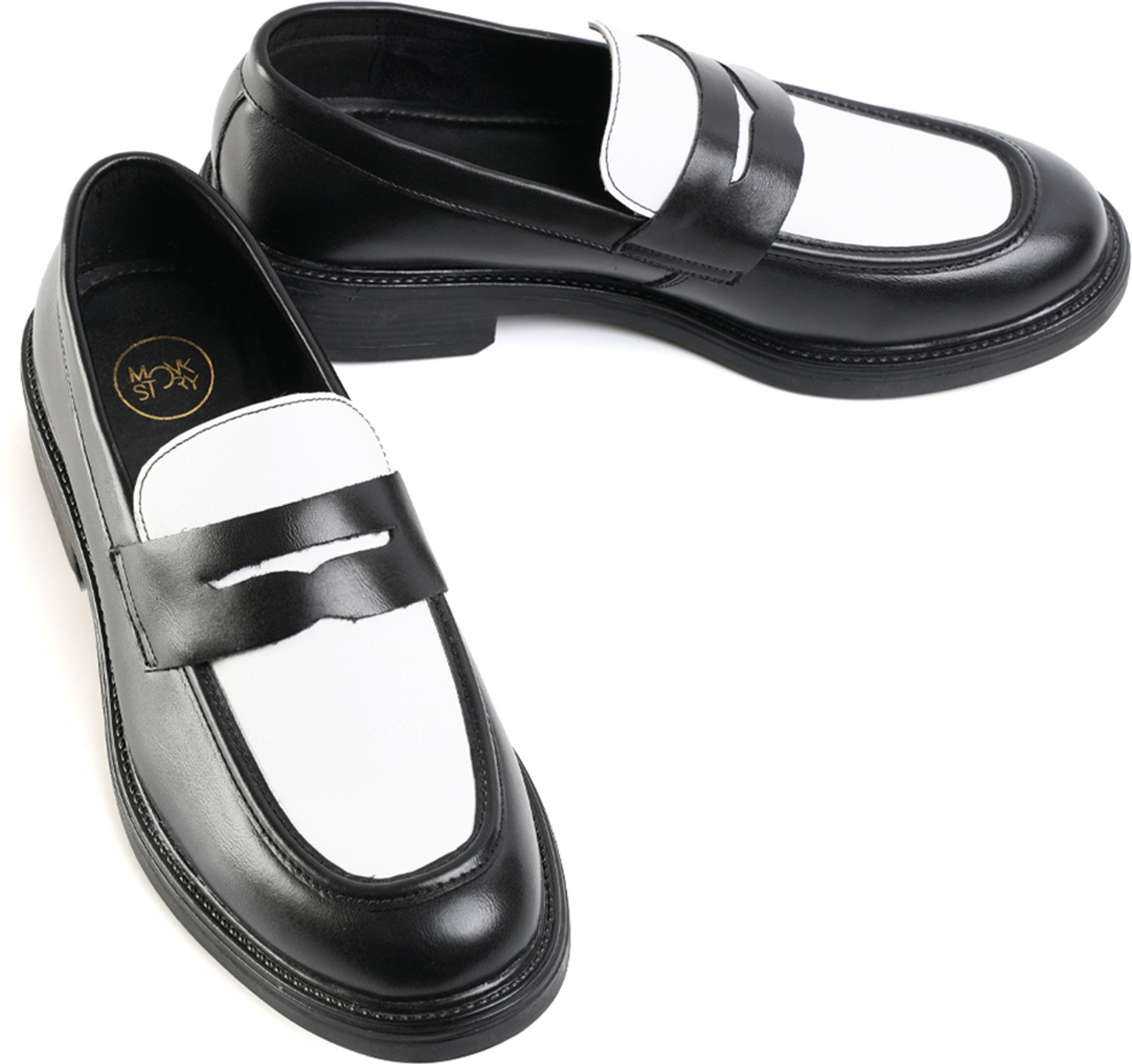 Image of Monkstory Cosmopolitan Contrast Penny Loafers - Black /White Loafers For Men (Black, White , 10)