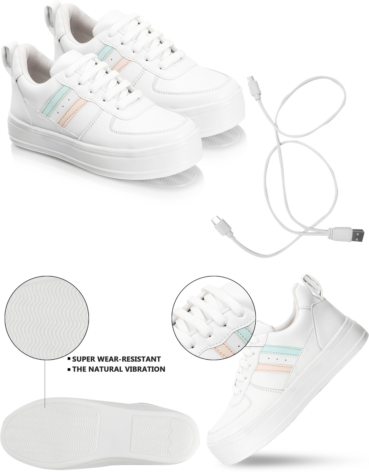 Image of VENDOZ RECHARGABLE WATERPROOF LED LIGHT PARTY SHOES WITH USB CHARGING CABLE FOR WOMEN Sneakers For Women (White, Multicolor , 3)