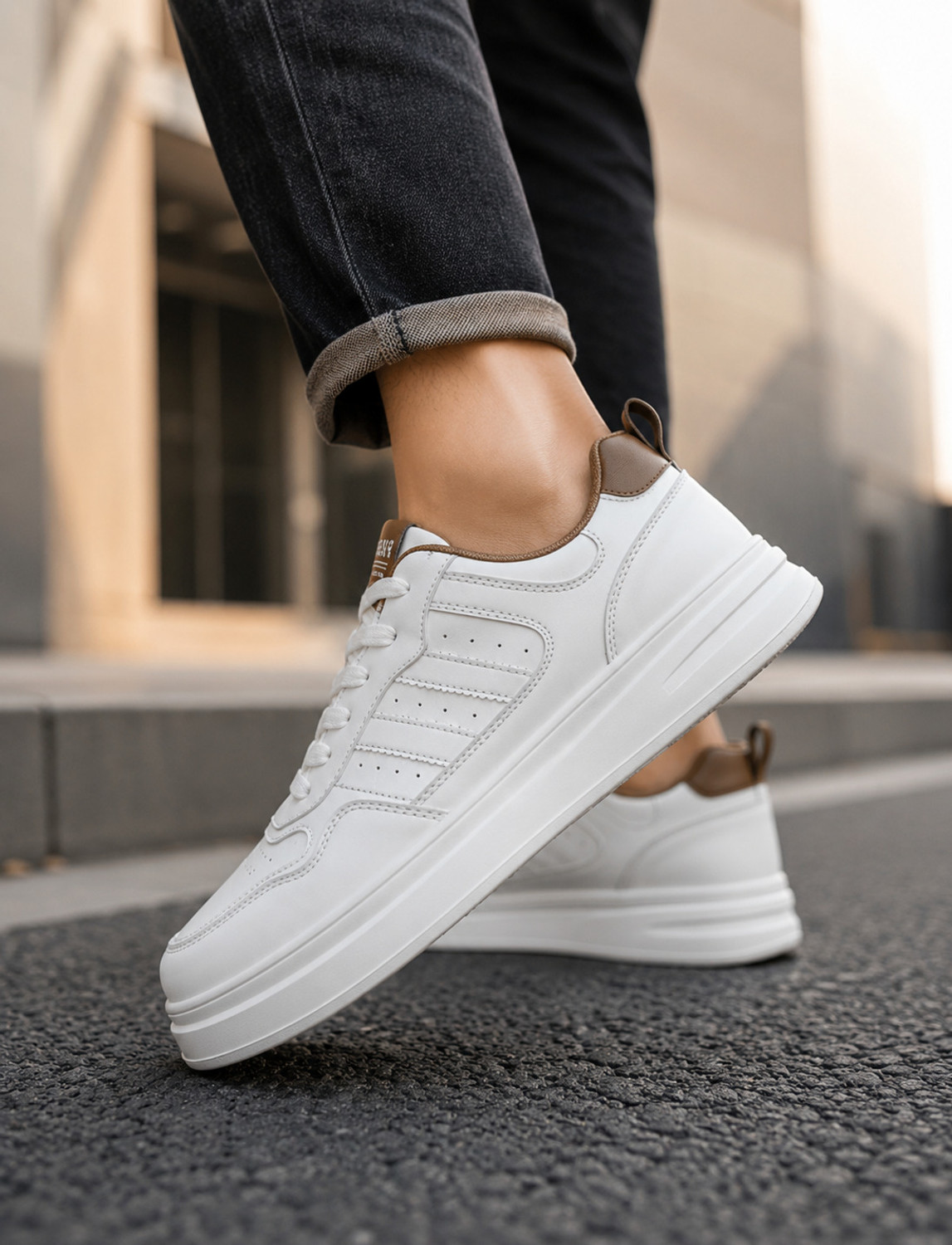 Image of Rising Monk Attractive Premium Quality Sports Casual White Sneakers Shoes For men. Sneakers For Men (White, Tan , 8)