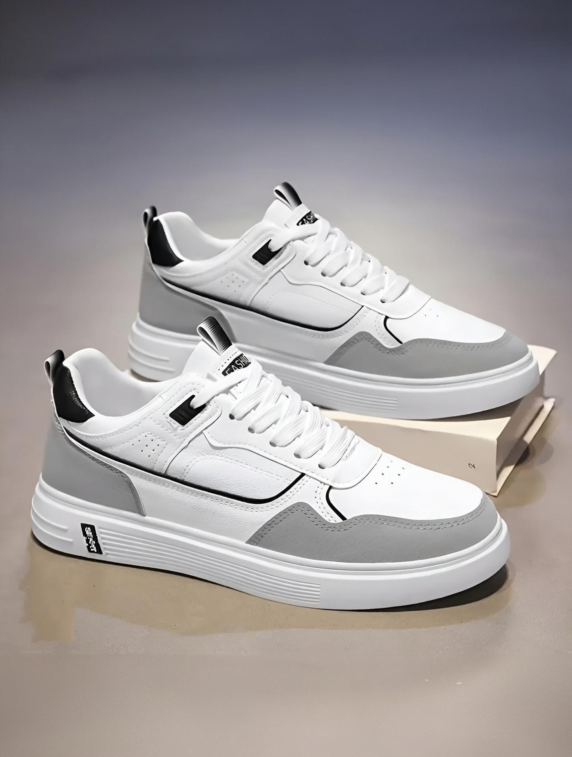 Pocy Shoes Trendy Casual Sneakers for Men (White, Grey, UK 7) - Image 1