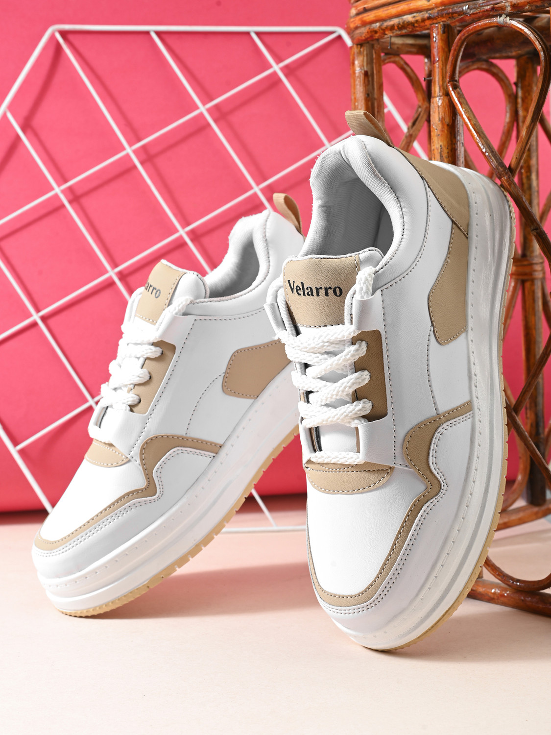 Velarro Casual Sneakers for Men (Beige, White, UK 9) - Image 1