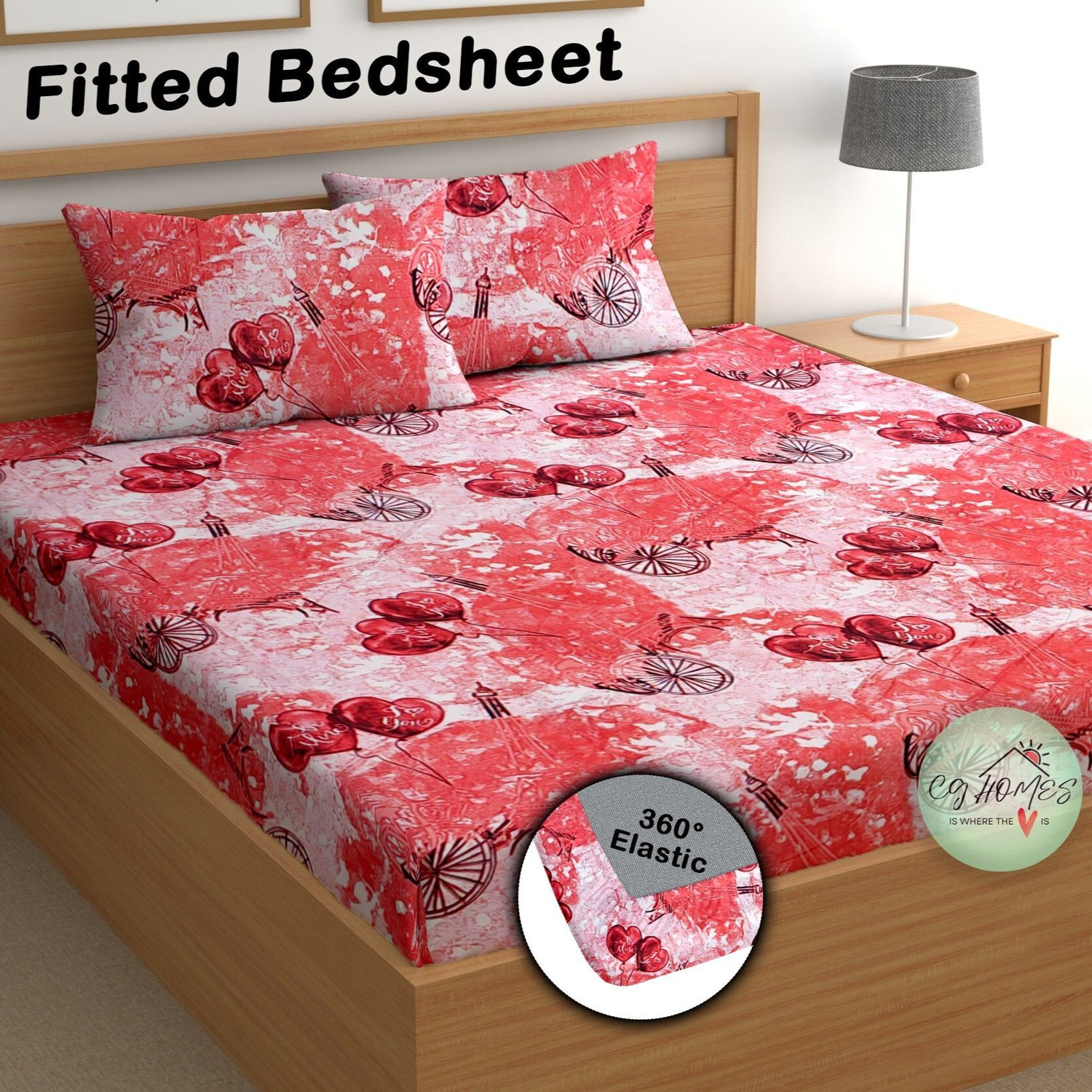 Image of CG Homes Cotton Double Flat 180 TC Printed 1 Bedsheet (Red & Grey)
