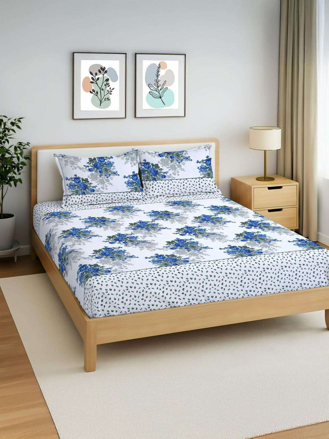 Image of YUTERA Microfiber Double Fitted (Elastic) 210 TC Floral 1 Bedsheet with 2 Pillow Covers (Multicolor)