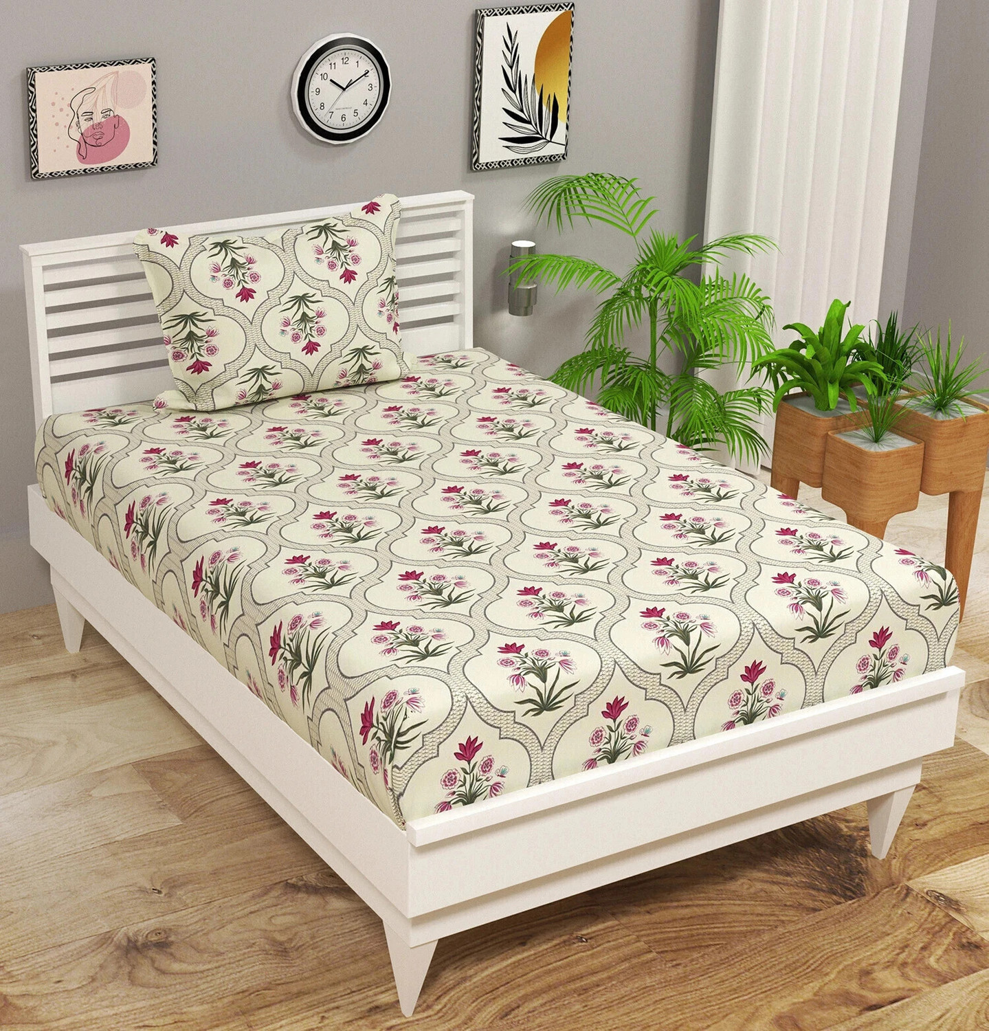 Image of PROZONE Cotton King Flat 280 TC Printed 1 Bedsheet (CREAM BEIGE)