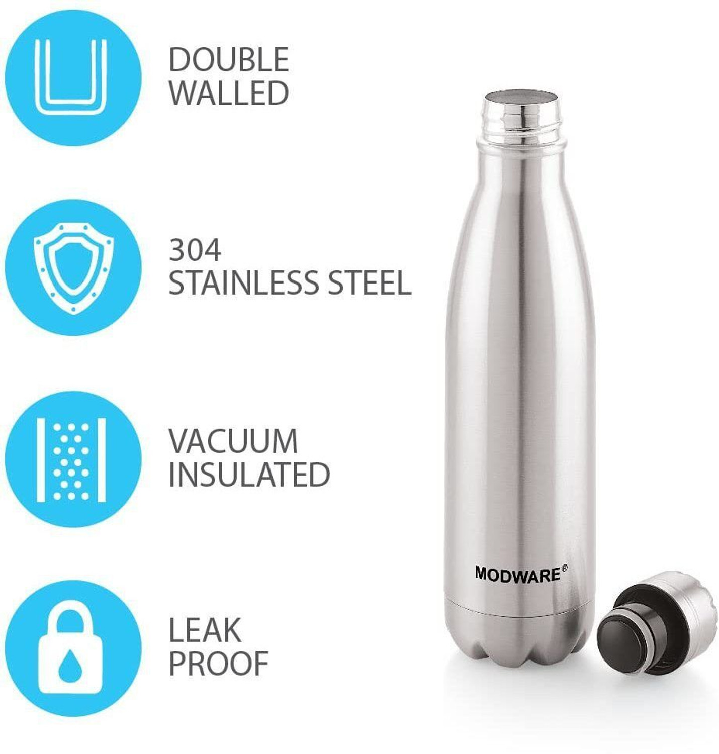 Image of MODWARE Vacuum Insulated Stainless Steel Water Bottle Thermos Flask For Office, Travel- 500 ml Steel Bottle (Pack of 1, Silver)