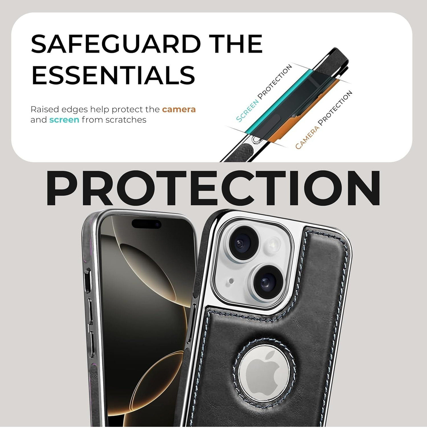 Image of Fastship Back Cover for Apple iPhone 15 |Flexible Vegan Leather|Electroplated Sides & Logocut (Black, Hard Case, Leather, Metal, Pack of: 1)