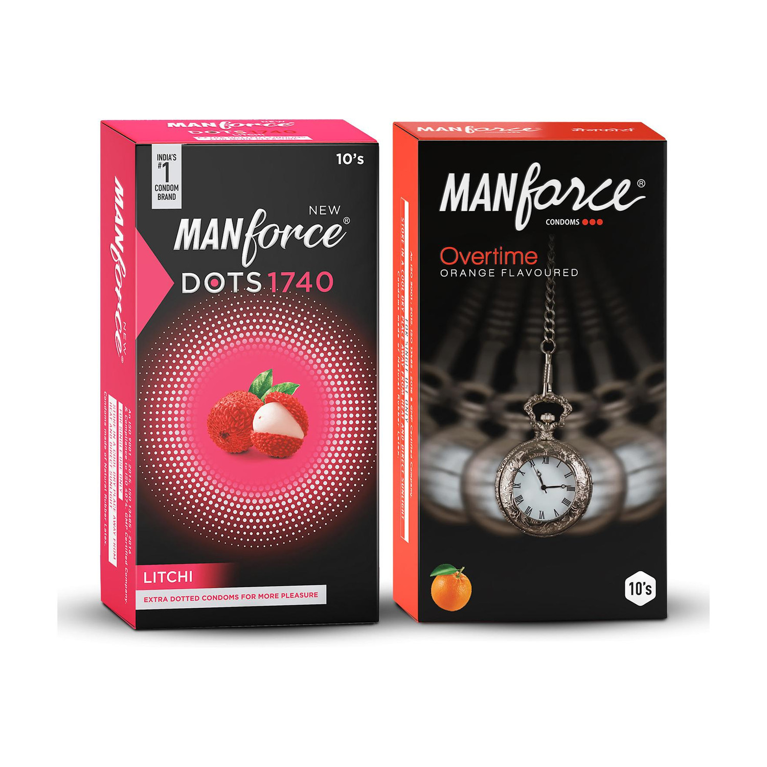 Image of MANFORCE Ignite Apple-peach Flavoured Extra Dotted Box Condoms - 10 Pieces & Overtime Pineapple 3in1 (Ribbed, Contour, Dotted) Condoms - 10 Pieces Condom (Set of 2, 20 Sheets)