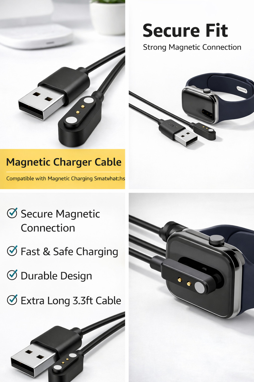 Image of Umake Magnetic Charging Cable 3.5 A 1 m Nylon BRAIDING Smart Watch Charger Cable | USB Magnetic Fast Charging Cord | Replacement Charging Cable for Smartwatch | 1 Meter (Compatible with iphone,oppo,realme,narzo,oneplus,vivo,iqoo,samsung,motorola,mi,redmi,poco, Apple, Black, One Cable, NA)