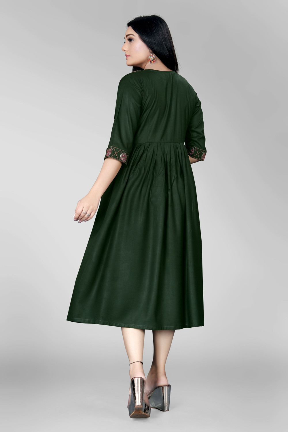 Image of sheladiya Women Fit and Flare Dark Green Midi /Calf Length Dress