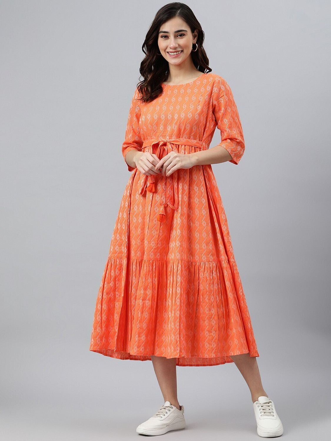 Image of Kharoliya Women Fit and Flare Orange Midi /Calf Length Dress