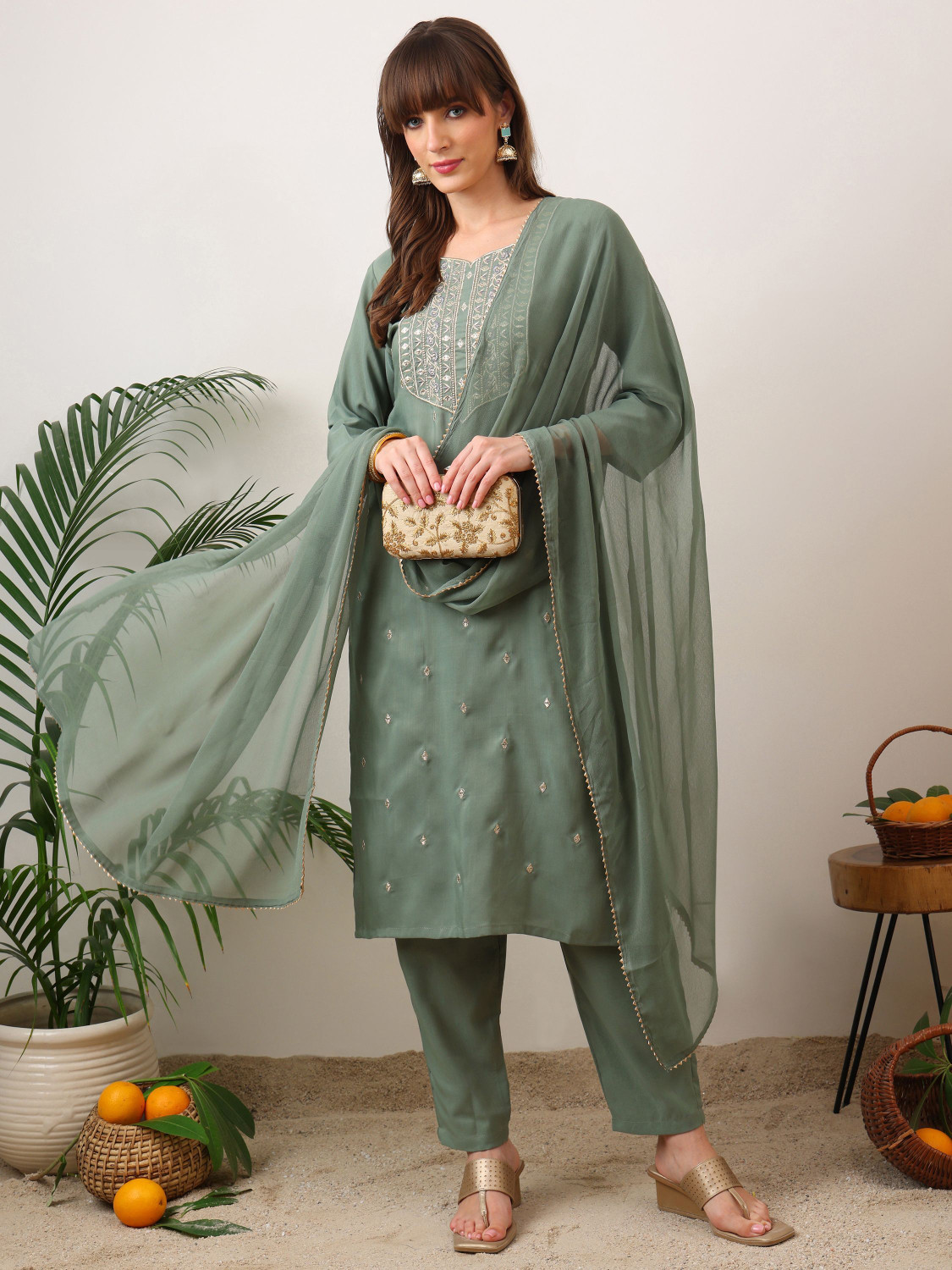 Image of Being Banarasi Women Chanderi, Cotton Silk Kurta Pant Dupatta Set