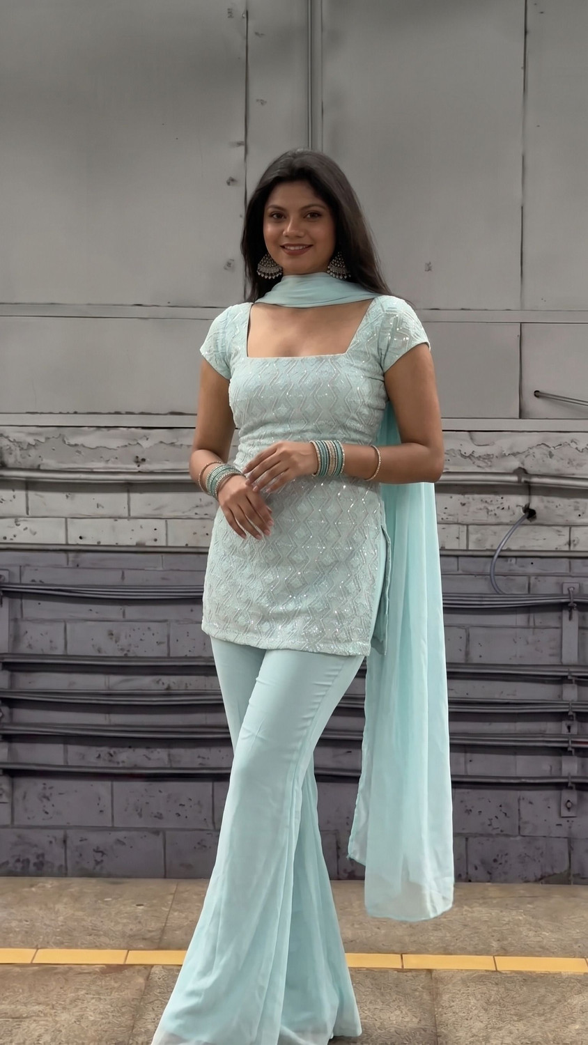 Image of KHODIYAR ENTERPRISE Women Georgette Ethnic Top Palazzo Dupatta Set