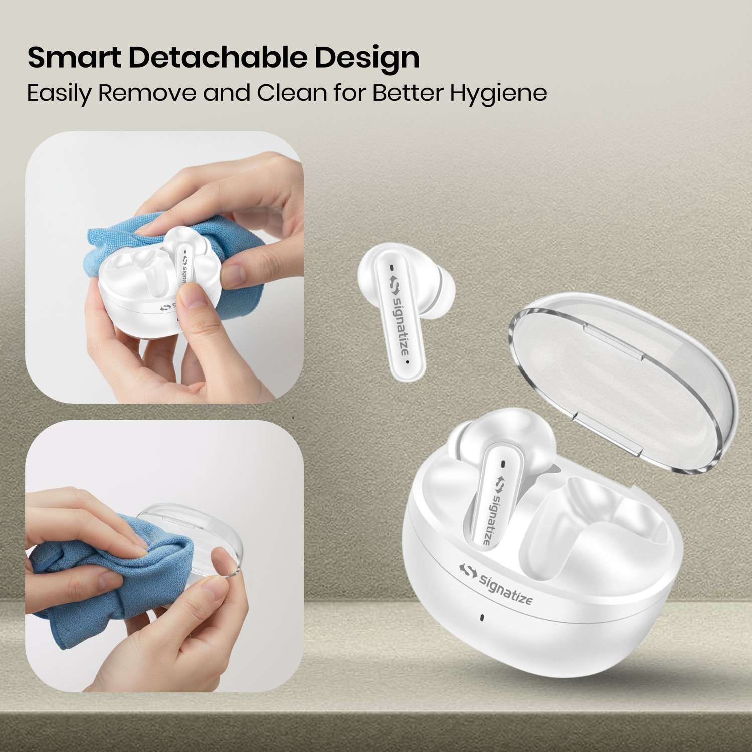 Image of SIGNATIZE in Ear Earbuds with 35H Playtime,Low Latency Bass Drivers, Type-C Fast Charging Bluetooth Headset (Transparent, In the Ear)