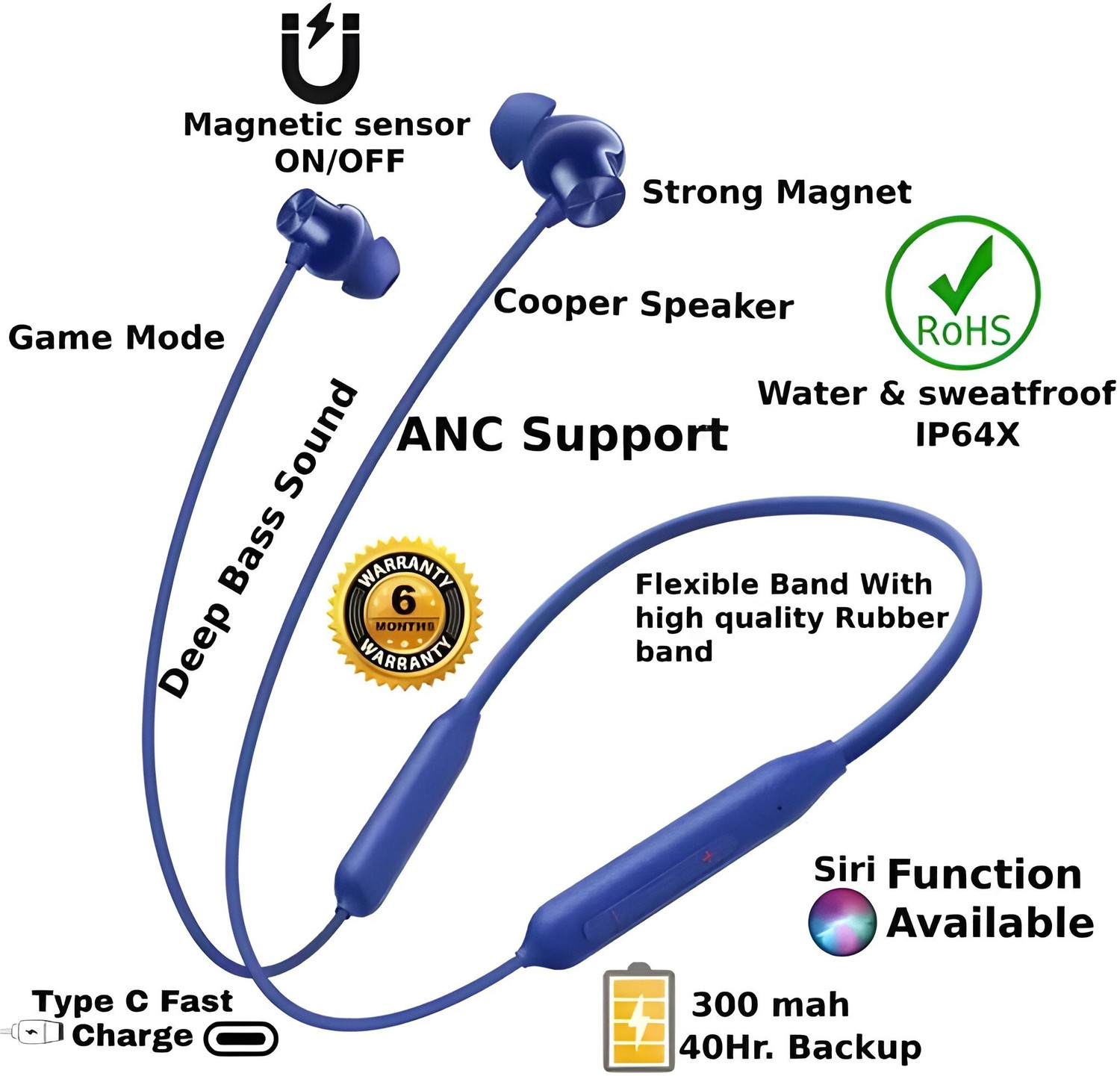 Image of GPQ STORE Magneet on /off . Bluetooth Neckband earphone buds Fast Charging,{A124 Bluetooth Headset (Blue, In the Ear)