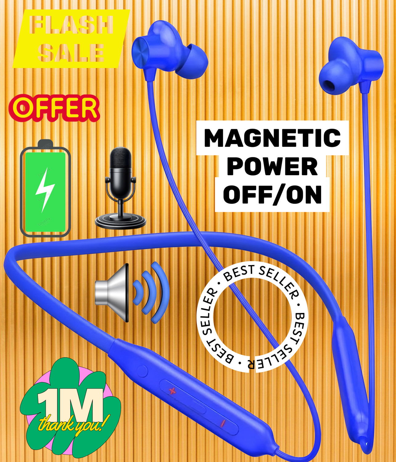 Image of GPQ STORE Magneet on /off . Bluetooth Neckband earphone buds Fast Charging,{A124 Bluetooth Headset (Blue, In the Ear)