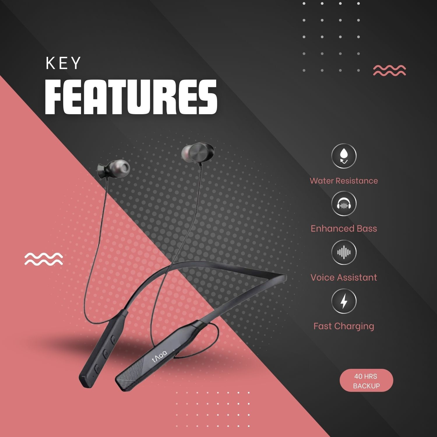 Image of Palnek 8oAt Advanced Bluetooth Neckband 40 Hrs - Wireless Tech, Enhanced Bass QC Bluetooth Headset (Black, In the Ear)