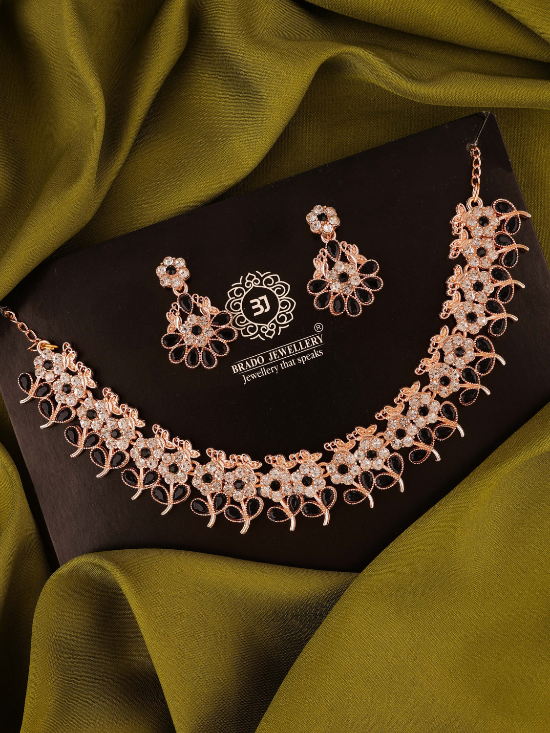 Image of Divastri Brass Rose Gold, Black Jewel Set (Pack of 1)