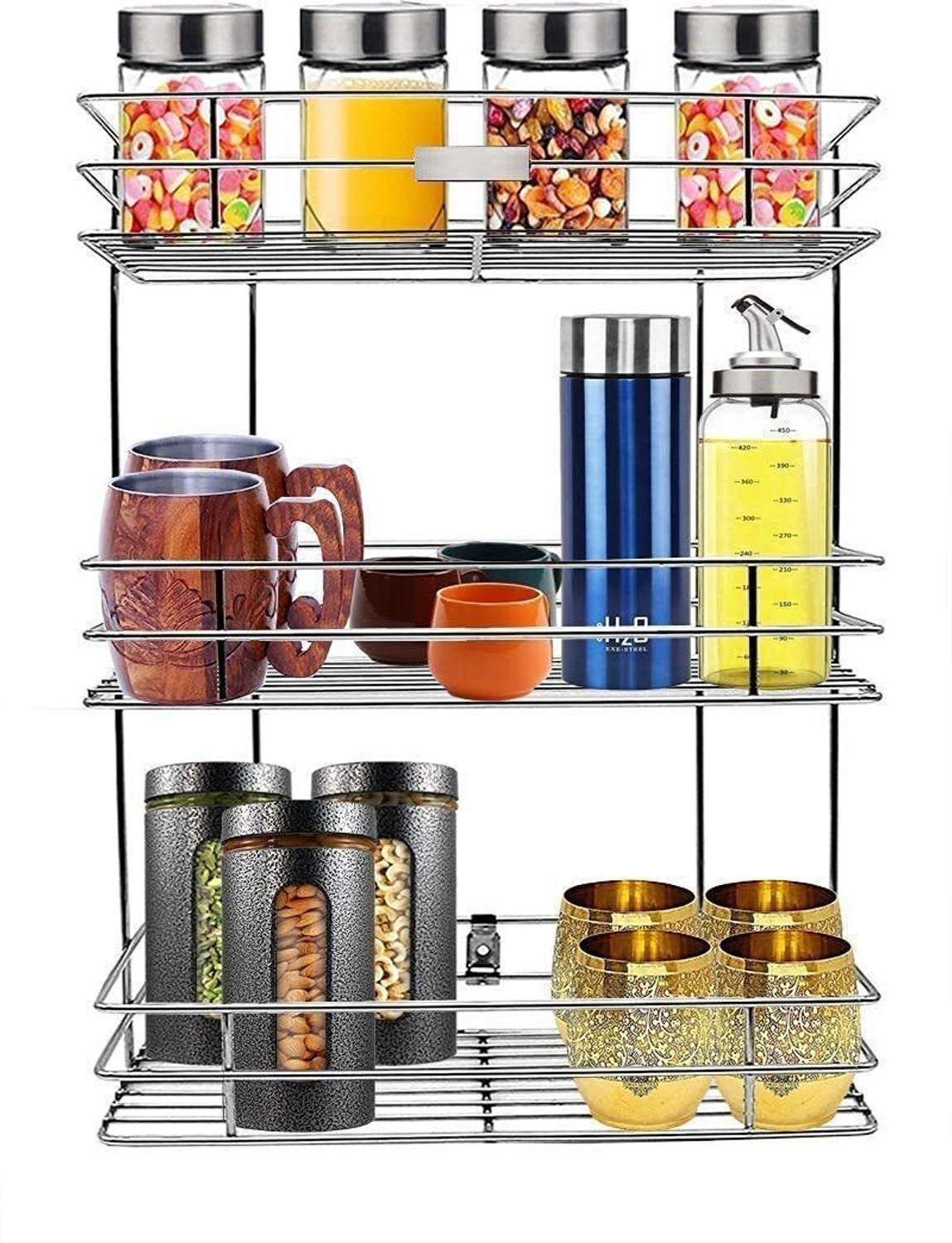 Nexone Stainless Steel Kitchen Rack 3 Shelf Multipurpose Storage Shelf Utensil...