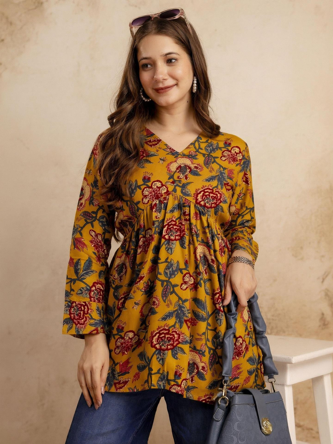 Image of Mialo fashion Floral Print Viscose Rayon Flared Kurta for Women (Red)