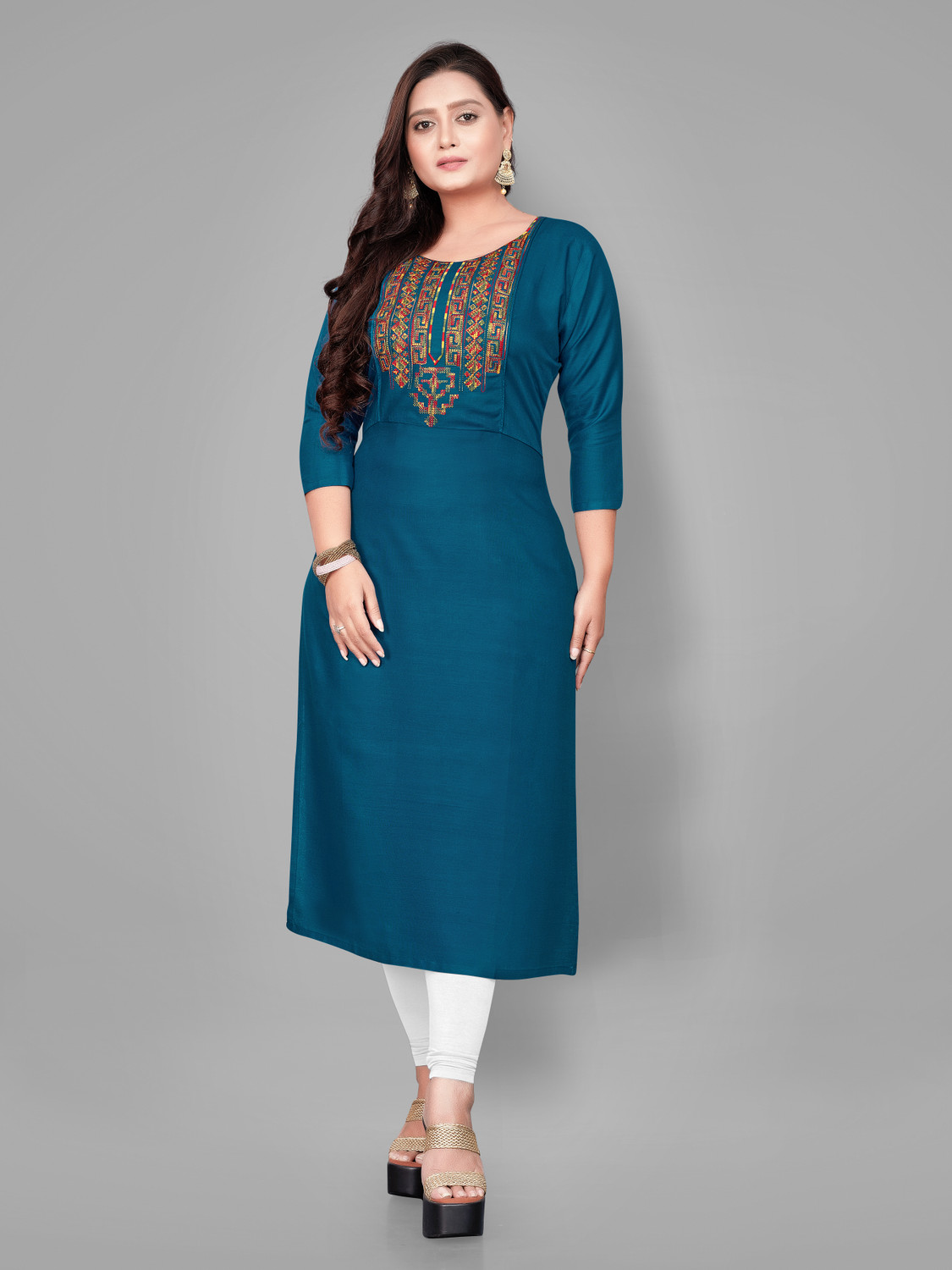 Image of Donne Tenaci Striped, Printed, Embellished Cotton Blend Straight Kurta for Women (Blue)