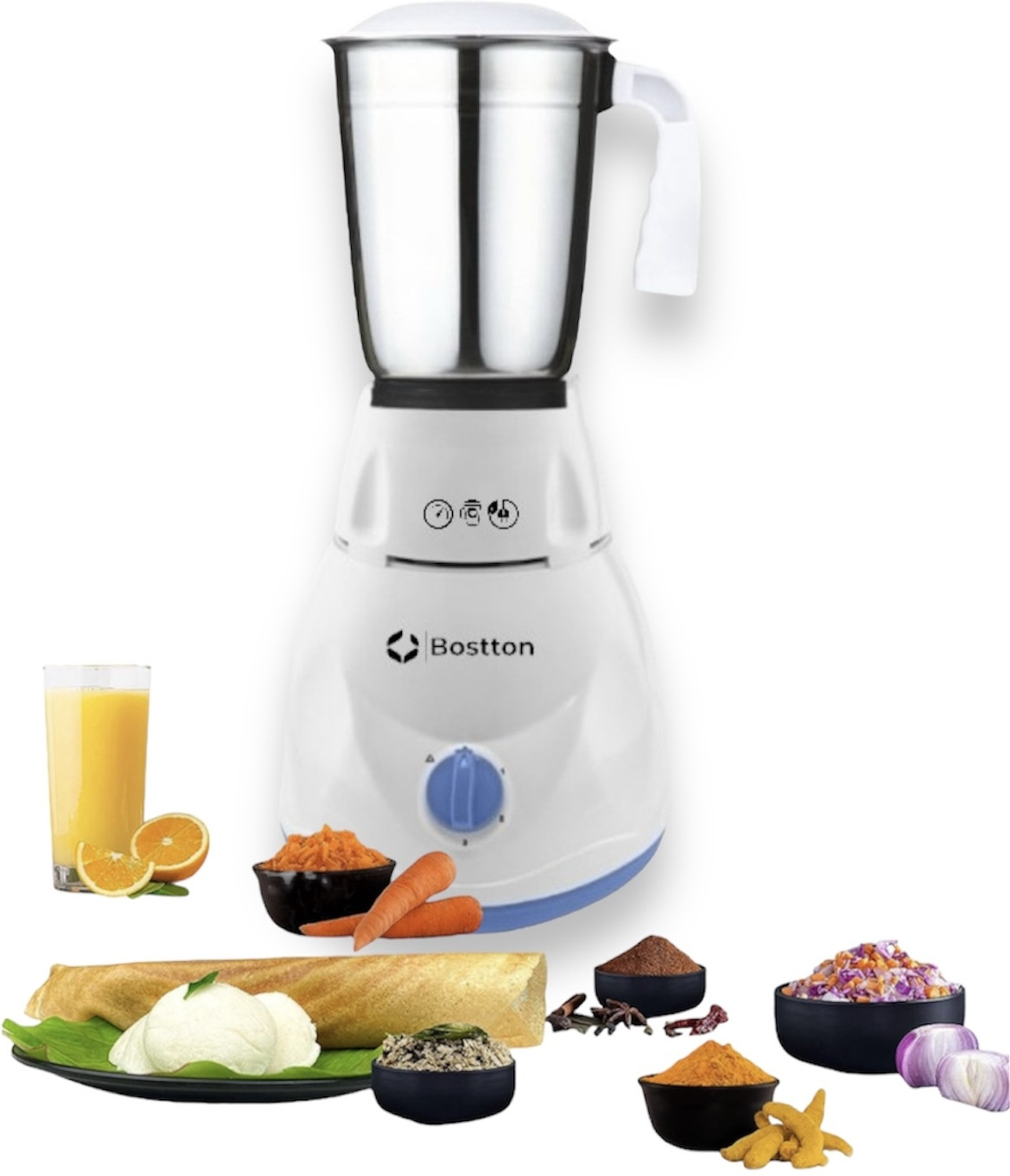 Image of Bostton 750 Watt Double layered Copper 25 MM Motor 750 W Mixer Grinder (Defender | 1 Jar | White)