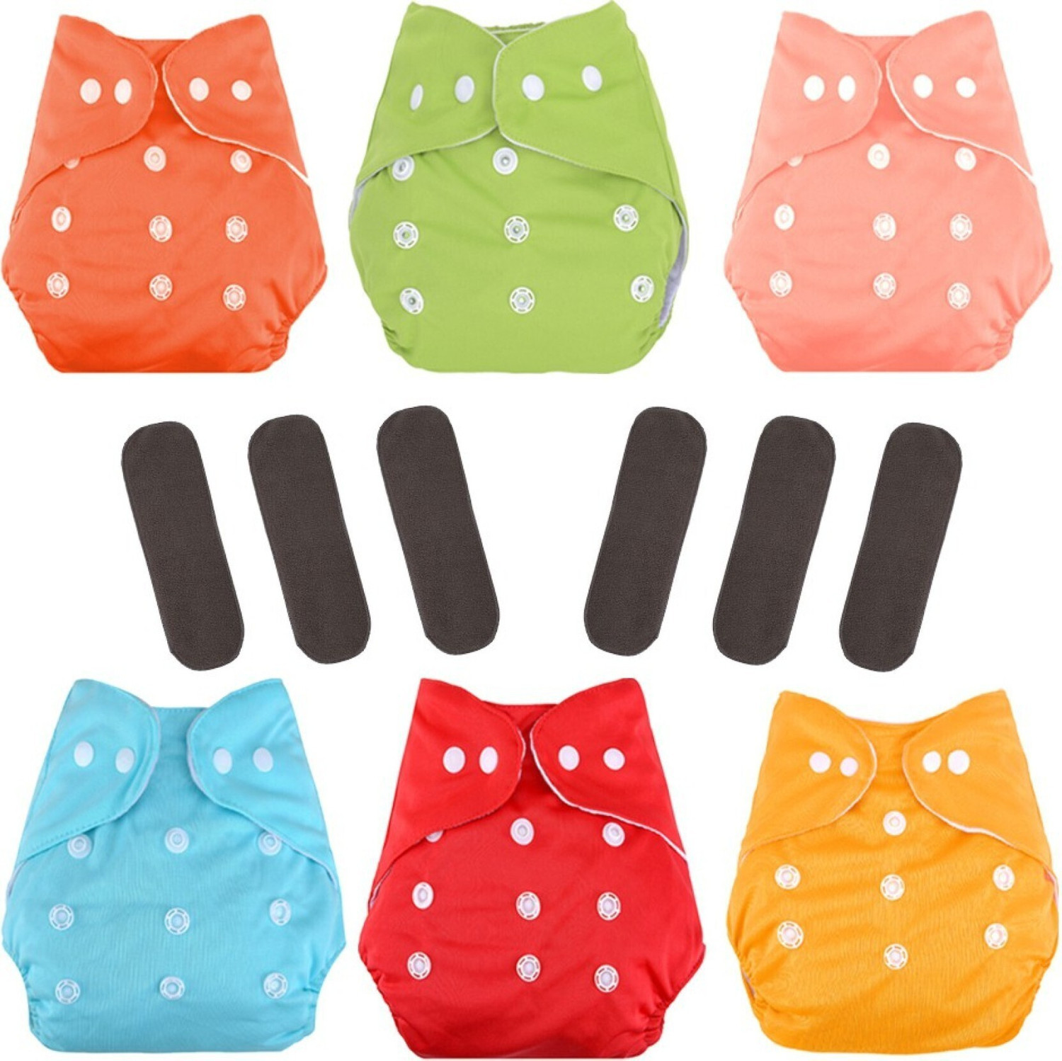 Image of TINNY TOTS Pack of 6 Pocket Button Style Baby Reusable Cloth Diaper Nappies (Without Inserts) Washable Quick-Dry Adjustable All-In-One Diapers Wetfree For New Borns /Toddlers /Infants /New Borns(B,P,Y,G,O) Pant Diapers - S - M (6 Pieces)