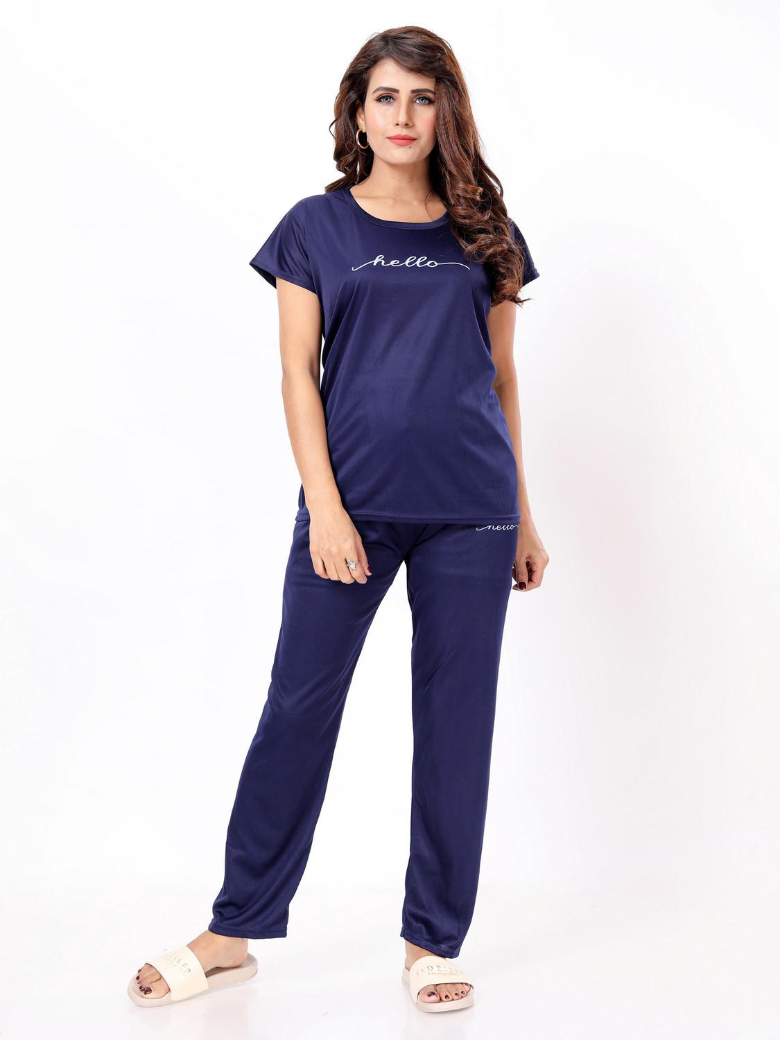Image of Vania's grace Women Solid Dark Blue Top & Pyjama Set