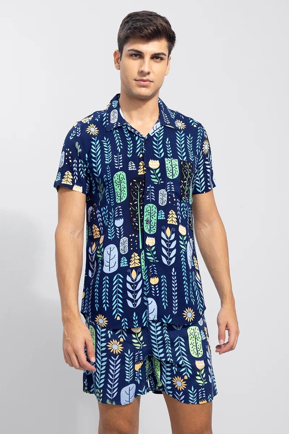 Image of CHEAPSHIRTS Men Night Suit Set Dark Blue Printed