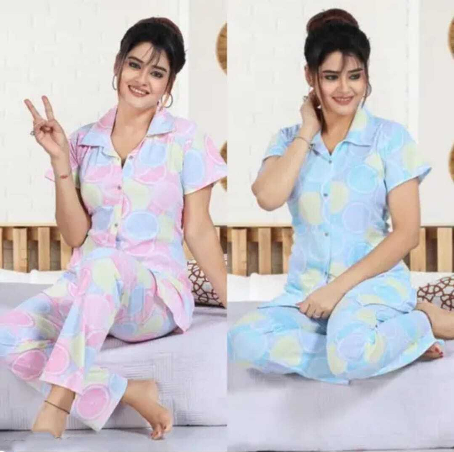 Image of Vania's grace Women Top & Pyjama Set Green, Blue Printed