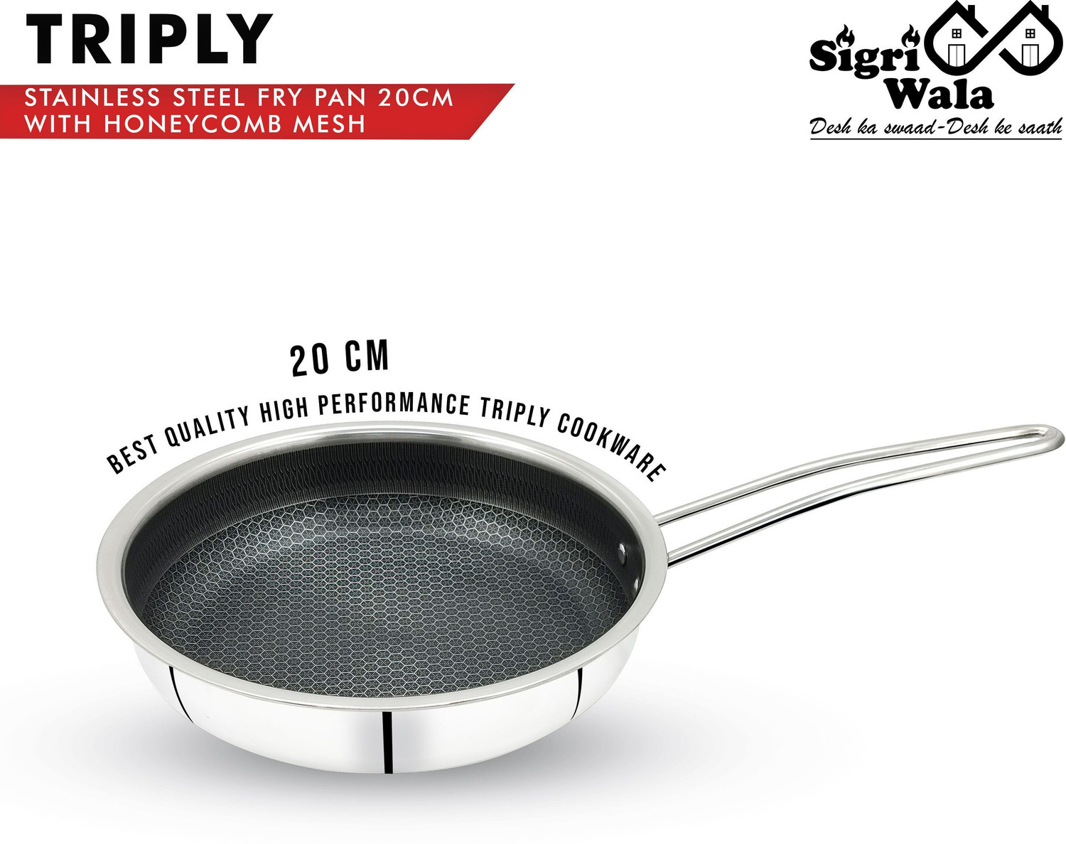 Image of Aramex Non-Stick Honeycomb Triply Stainless Fry Pan 26 cm diameter with Lid 2.3 L capacity (Triply, Non-stick, Induction Bottom)