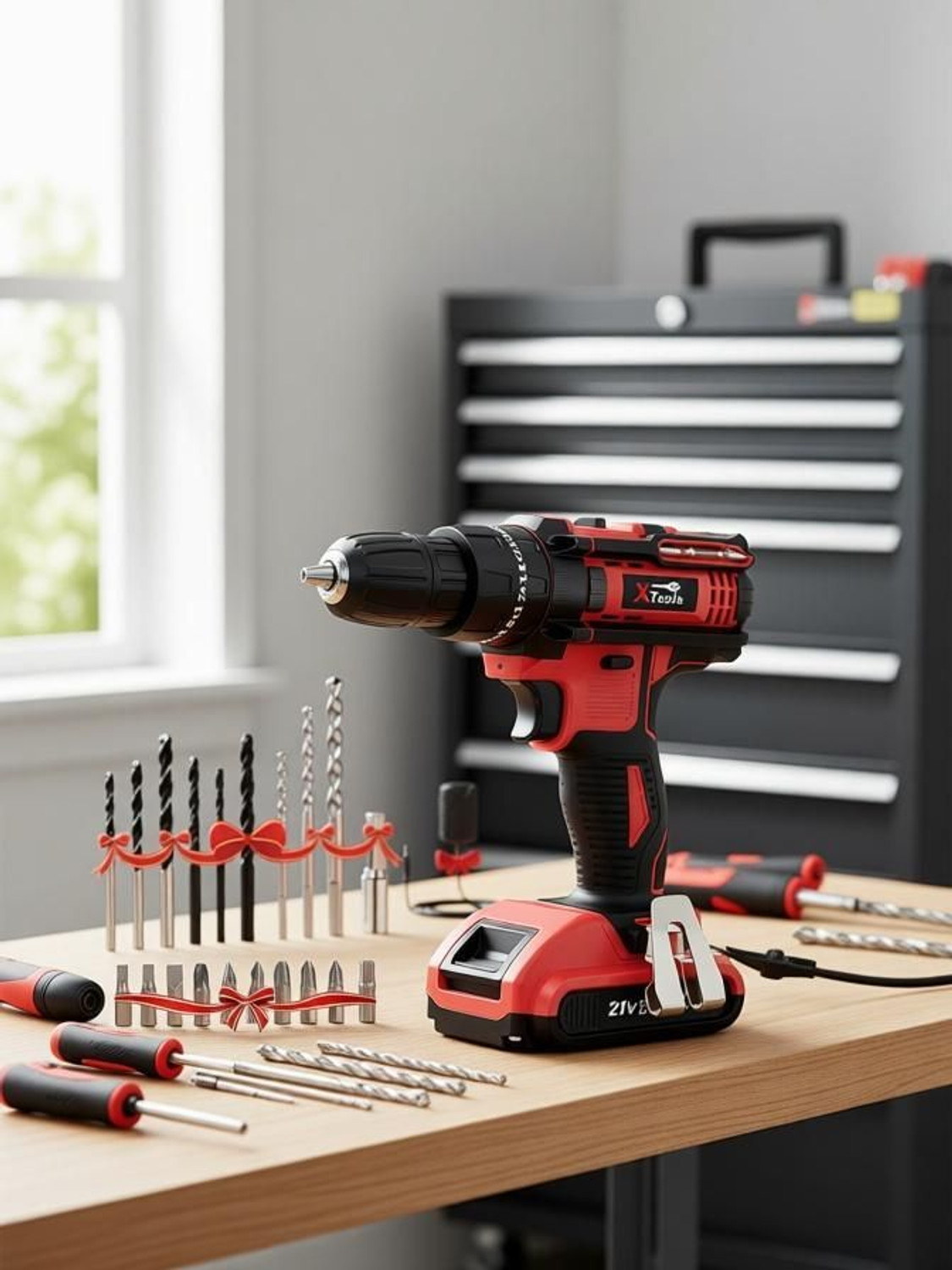XTOOLS 21V Cordless Power Drill Machine Kit with Bits, Charger & Tool Accessories 21V CORDLESS DRILL WITH ACCESSORIES RED Cordless Drill