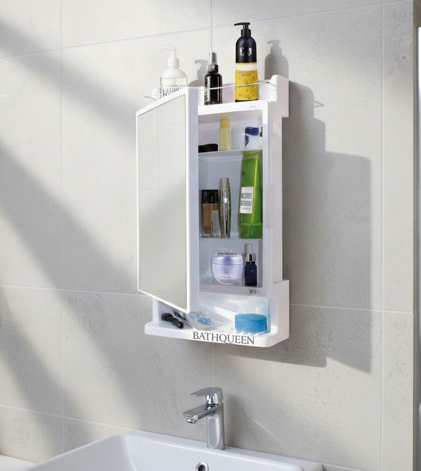Bath Queen White Plastic Wall Mirror Cabinet - Image 1