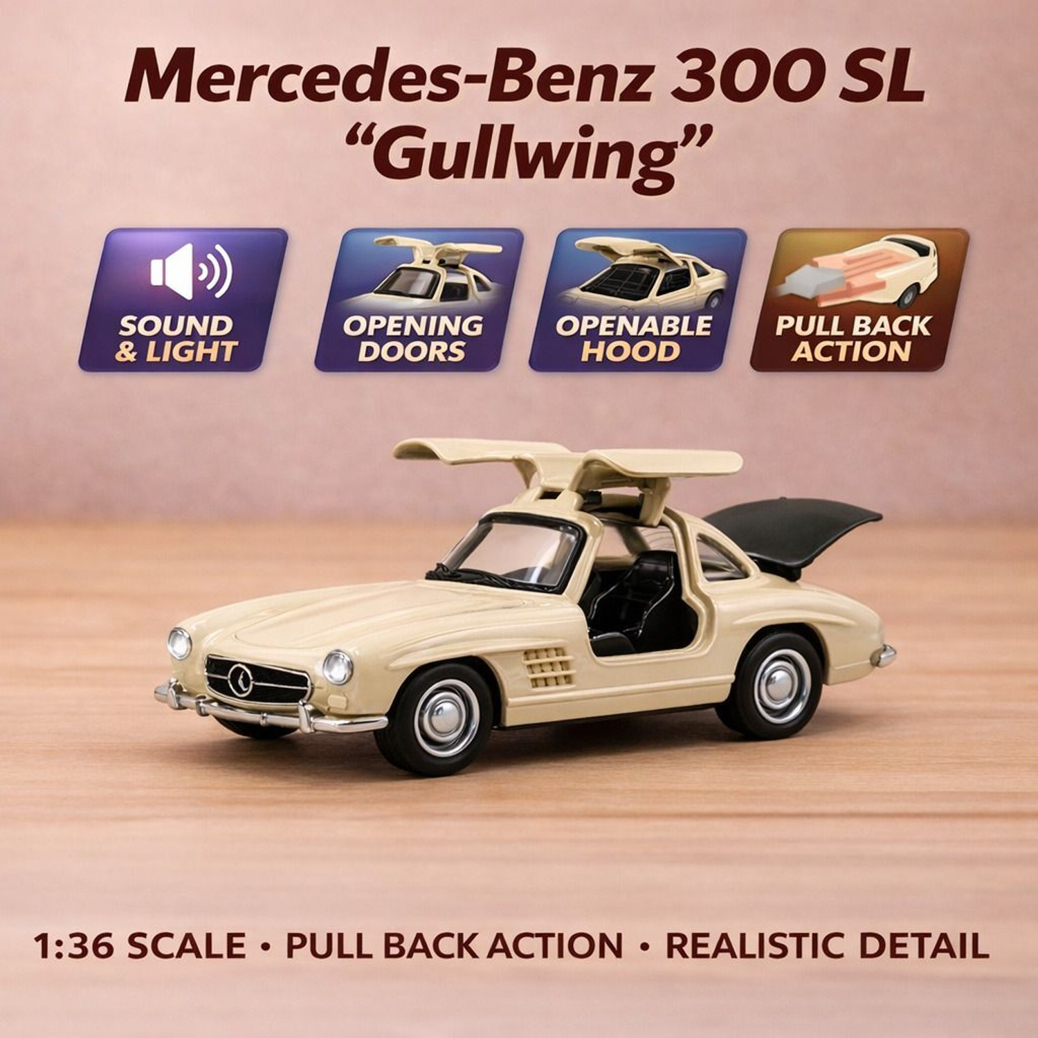 Image of Kidzoy Mercedes-Benz 300 SL Gullwing 1:36 Diecast Model (Beige)