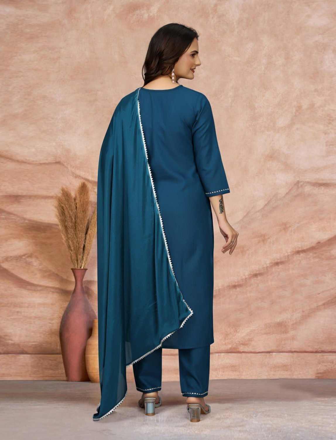 Image of CHECHI Embroidered Kurta, Palazzo & Dupatta Set