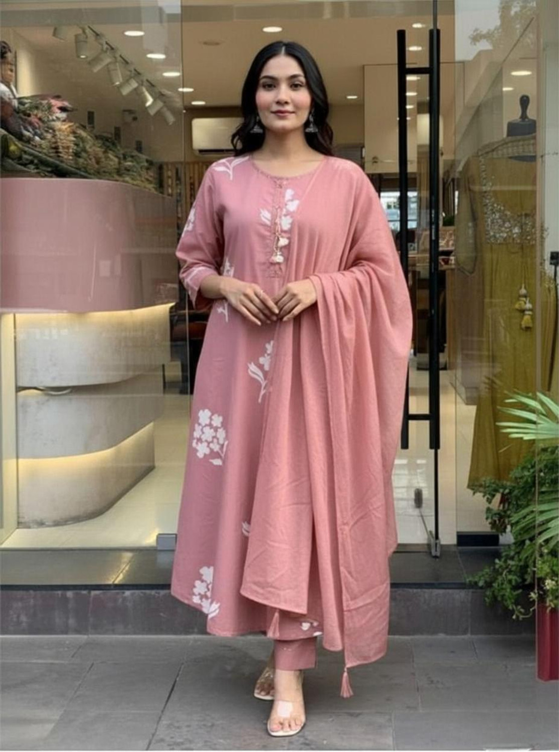 Image of SHREE JEENMATA COLLECTION SURYAJYOTI Solid Kurta, Salwar & Dupatta Set
